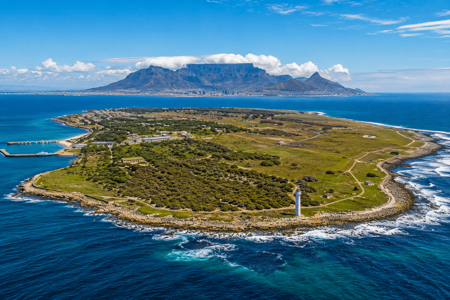 Aerial view of Robben Island with Table Mountain